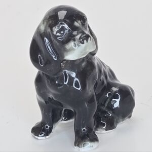 Vintage Shiken Japan Porcelain Black Dog Figurine Floppy Ears Mini 1.25”